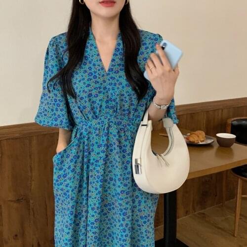 2021 New Women Summer Vintage Loose Long Floral Dress Drawstring Waistbelt V Neck High Waist A-line Sundress Big Pockets