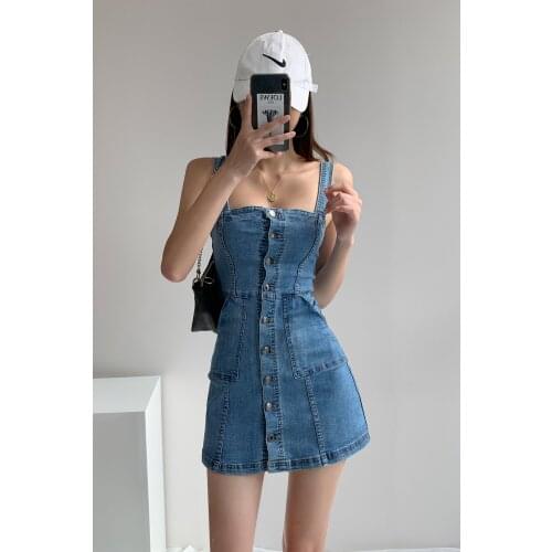 2021 Retro denim dress was thin suspender sexy waist sling bag hip dress LYQ1277