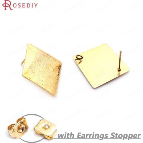 33753)10PCS 19MM 24K Gold Color Brass Striped Arc Surface Rhombus Stud Earrings Pins High Quality Jewelry Findings Accessories