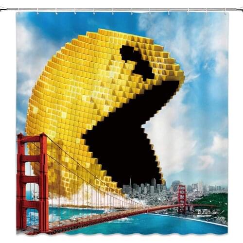 Abstract Shower Curtain Art Pixel Pacman Yellow Red Bridge City Funny Bathroom Decor