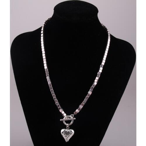 Free Shipping Women Fashion 4mm Metal square beads Necklace with 20mm puff hammered Heart pendant toggle clasp Necklaces