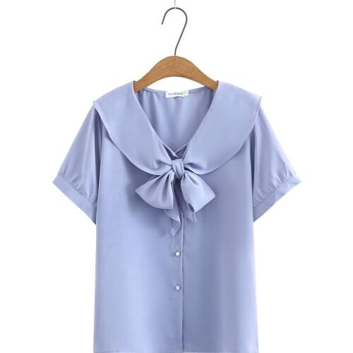 Plus size blouses tunics shirts 2021 fashion short sleeve bow collar chiffon summer Womens t-shirts white blue