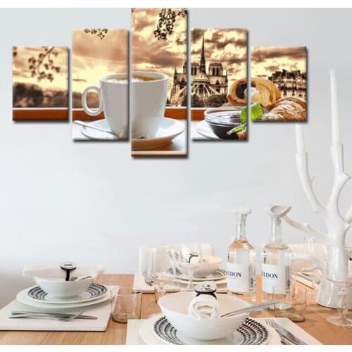Canvas Poster HD Print Picture 5 Piece Coffee Croissant Food Painting Kitchen and Restaurant Home Decor