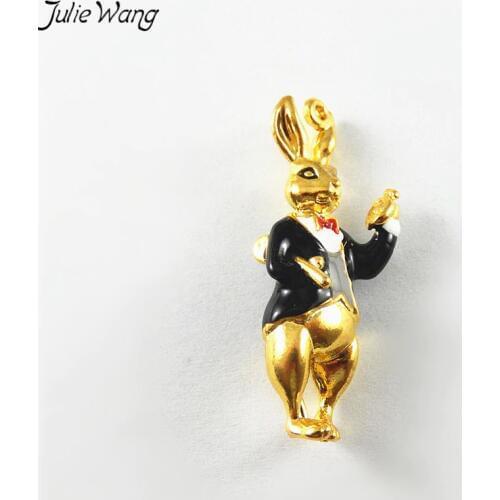 Julie Wang 5PCS/Pack Gold Color Mr.Rabbit Bunny in Black Tuxedo Suit Enamel Alloy Cute Animal Shape Charm Making Jewelry Finding