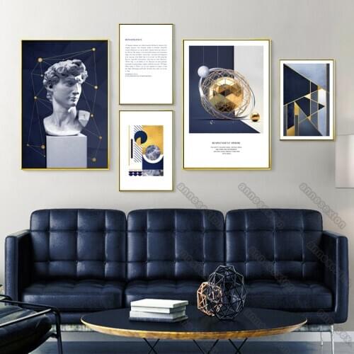 Modern Style Canvas Painting Poster Statue of David Vintge Geometric Patterns with Deep Blue Yellow Colors Home Room Wall Decora