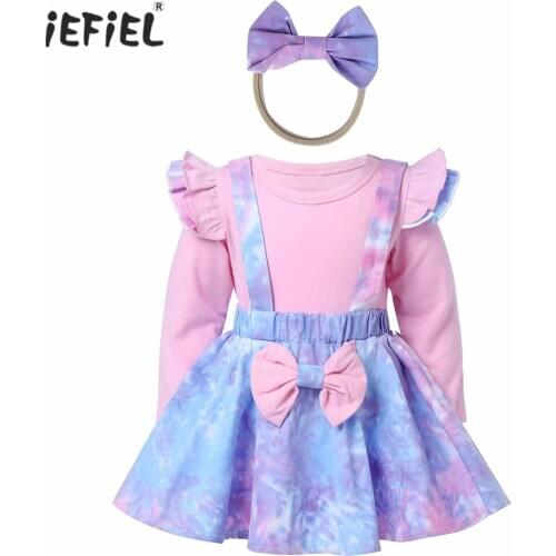 Pink 3Pcs Infant Baby Girls Outfits Puff Long Sleeve Tops Dye Bowknot Suspender Skirt+Hair Hoop Headband Set Kids Clothes Girl