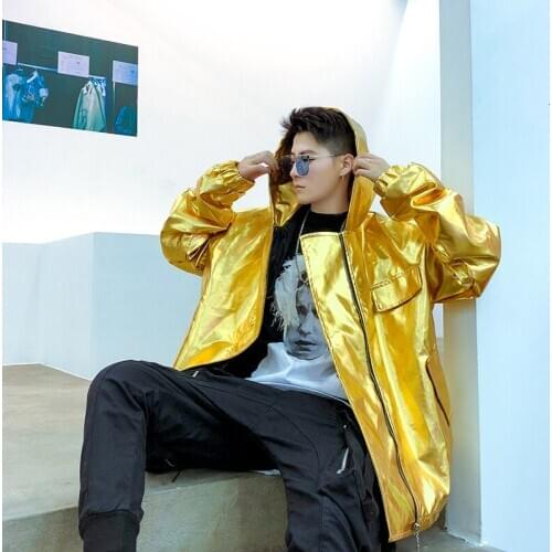 Erkek Mont Ve Ceket Loose Hooded Leather Coat Men Women Gold Streetwear Hip Hop Punk Gothic Casual Jacket Outerwear Blue