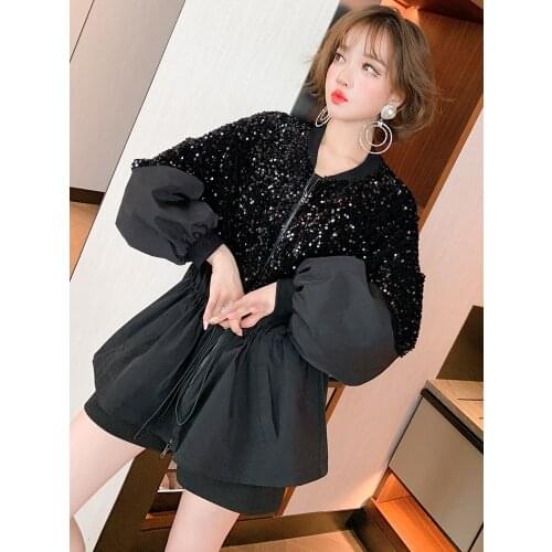 Temperament V-neck stitching sequined zipper waist drawstring loose jacket womens 2020 autumn new