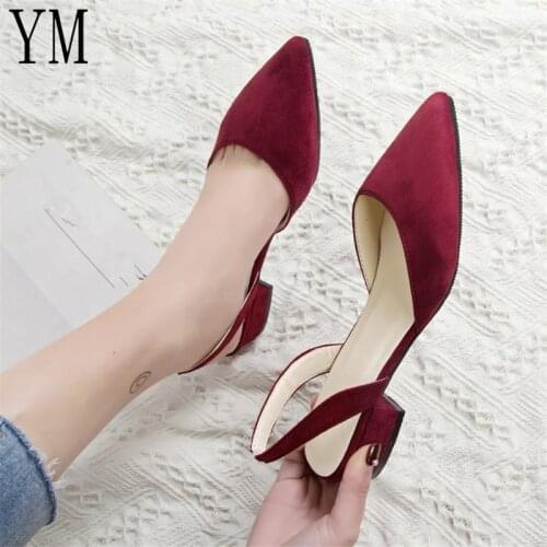 Hot Sandalia Feminina Short heel with low heel High heel Pointed shallow mouth suede sandals Women word buckle Single shoes 2020