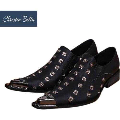 Christia Bella New Fashion Metal Pointed Toe Men Party Shoes Genuine Leather Rivet Man British Style Shoes Plus Size Male Shoes