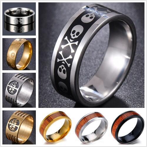 Men Rings Skull Stainless Steel Wood Color Fashion Footprint Cross Hollow Tree Women Rings Male Jewelry Birthday Gifts