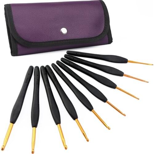 Nonvor 9Pcs 2.0-6.0mm Knitting Needles Set DIY Handcraft Hook Crochet Black Soft Handle Golden Sewing Accessories With Bag