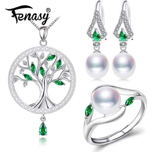 FENASY 925 Sterling Silver pearl jewelry sets for women Emerald drop earrings natural engagement ring set round pendant