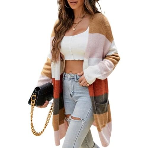 New color contrast long top with Long Sleeve Striped cardigan in autumn and winter 2021