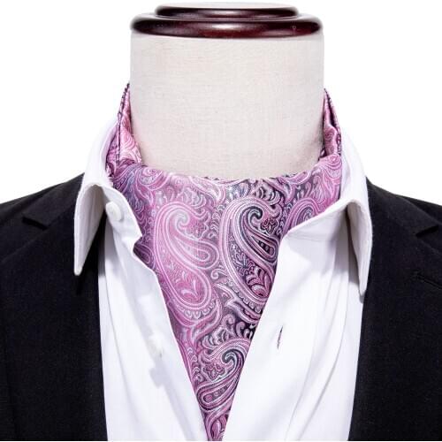 New Fashion Pink Tie for Men Ascot Paisley Cravat Silk Necktie Floral Tie Handkerchief Cufflinks Set for Suit Tuxedo Party