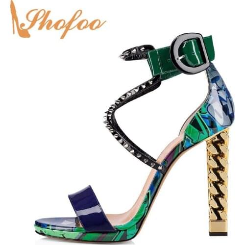 Chain Rivets Shoes Woman Female Sandals Summer Mix-Colors Buckle Strap Super High Square Heels Mature Novelty Large Size 15 16