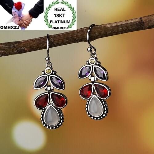 OMHXZJ Wholesale European Fashion Woman Girl Party Birthday Wedding Gift Vintage Moonstone Zircon Tai Silver Drop Earrings EA494