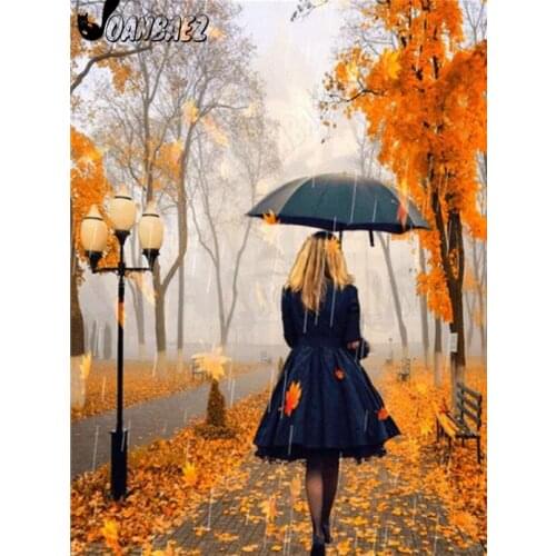 Autumn Beauty Diamond Painting 5D Diy Wall Art Girl Walking On The Road with an Umbrella Diamond Embroidery Inlaid Room Decor