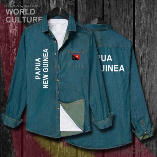 Papua New Guinea Guinean Niugini Niu Gini PNG PG Men Flag Clothes Autumn Turn-down Collar Jeans Shirt Long Sleeve Cowboy Coat