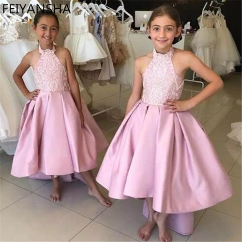 Newest Flower Girl Dress With Sweep Train Off Shoulders Backless Pink Princess Dress For Wedding Girls Parties Vestidos