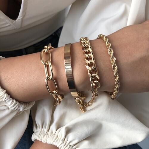 QiLuxy 4pcs Punk Curb Cuban Chain Bracelets Set for Women Thick Gold Color Charm Bracelets Bangles Fashion Jewelry