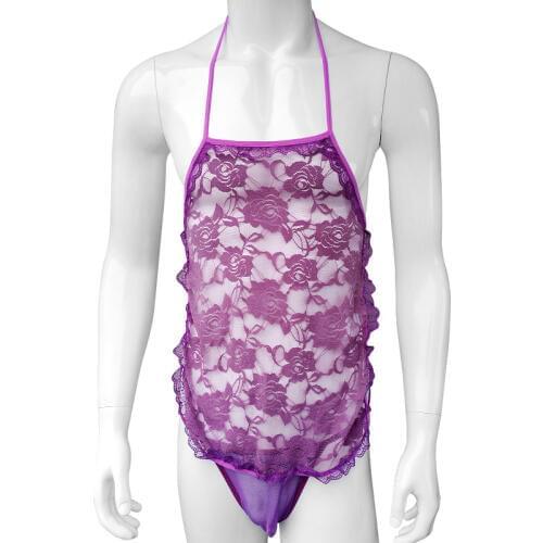 Sexy Lace Gay Mens Sissy Lingerie Set Exotic Sets See Thru Apparel Underwear Nightwear Adjustable Tops with Thong Sleepwear