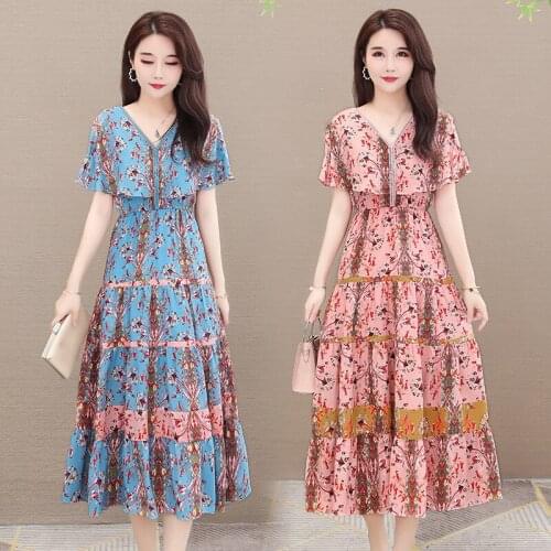 Chiffon Vestidos Womens 2020 Summer New Slim Temperament V-Neck Mid-Long Elastic Waist Swing Chiffon Floral Dress Women Z925