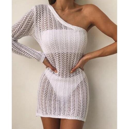 Crochet mini beach dress white off shoulder swimsuit cover ups hollow out beachwear cotton mesh cover-ups women saida de praia