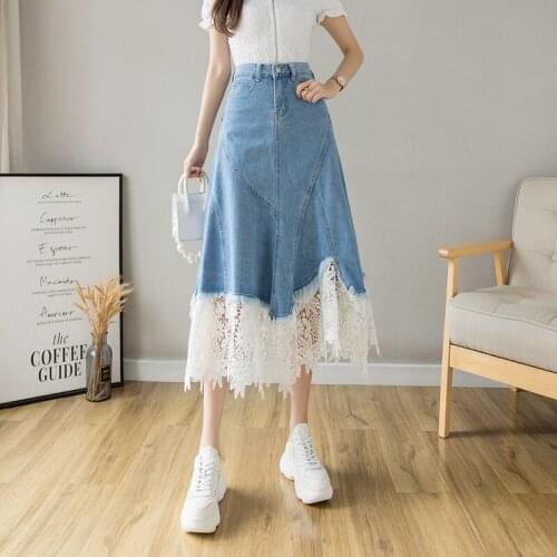 Fashion Lady High Waist A-line Blue Mid Length Skirt Spring Summer Women Casual Irregular Lace Patchwork Denim Skirts