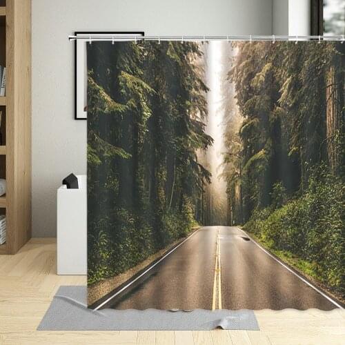 Road Of Green Forest Landscape Shower Curtain Highway Travel Adventure Scenery Bathroom Curtains For Living Room With Hooks