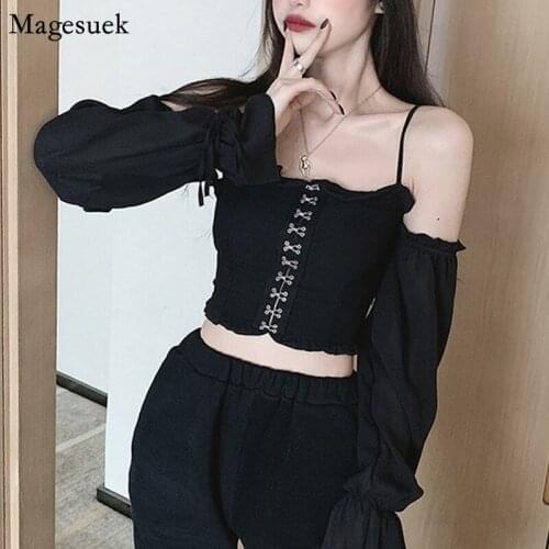 Spring Sexy Black Backless Blouse Women 2021 Street Style Slash Neck Female Shirts Long Sleeve Ladies Tops Blouses Clothes 13316