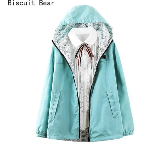Women Casual Jackets Spring Autumn Two Side Wear Windbreaker Hooded Zipper Loose Cartoon Print Outwear Female Coat XS-2XL