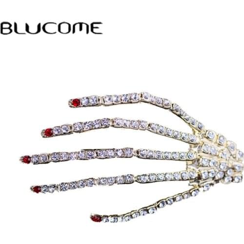 Blucome Crystal Rhinestone Skull Hand Brooches for Women Men Simple Fashion Cute Pin Ins Cool Corsage Clothes Accessories