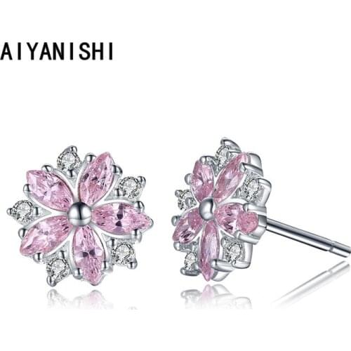 AIYANISHI Fashion 925 Sterling Silver Stud Earrings Pink Flower Silver Stud Earrings for Women Wedding Engagement Party Gifts