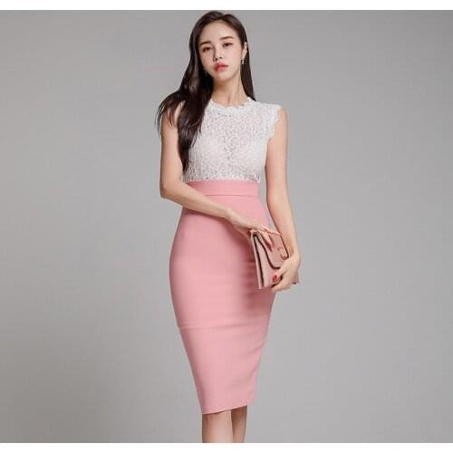 Contrast Patchwork Korean Pink Dress for Women Sleeveless Wrap Bodycon Office Work Dress Woman Summer Dresses for Women Vestidos