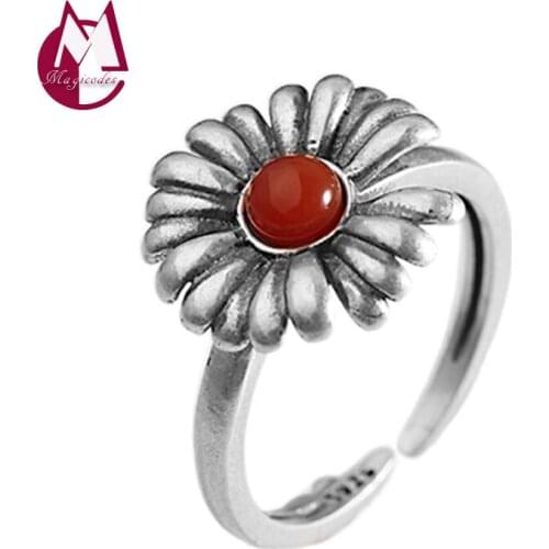 South Red Stone Daisy Flower Adjustable Real 925 Sterling Silver Vintage Fashion Jewelry Ring For Women 2021 Free Shipping R22