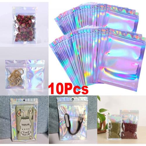 10pcs Laser Bag Cosmetic Packaging Self Sealing Gift Bag Clear Holographic Jewelry Thick Aluminum Foil Zip Lock Bags