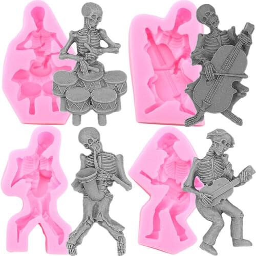 3D Skeleton Skull Silicone Molds Musical Instrument Halloween Fondant Cake Decorating Tools Candy Clay Chocolate Gumpaste Moulds