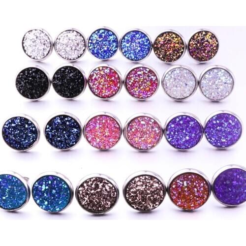 8/12mm Stainless Steel Faux Druzy Drusy Stud Earrings Resin Bright Stud Earrings