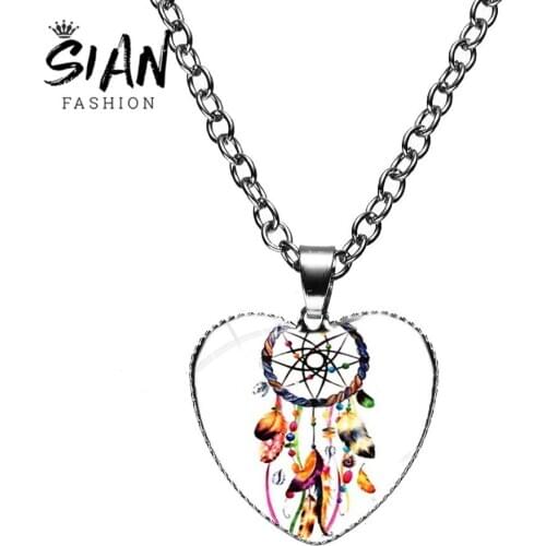 SIAN Trendy Style Dreamcatcher Heart Necklace Mandala Flower Colorful Feather Yoga Pendant Charming Dream Catcher Theme Jewelry