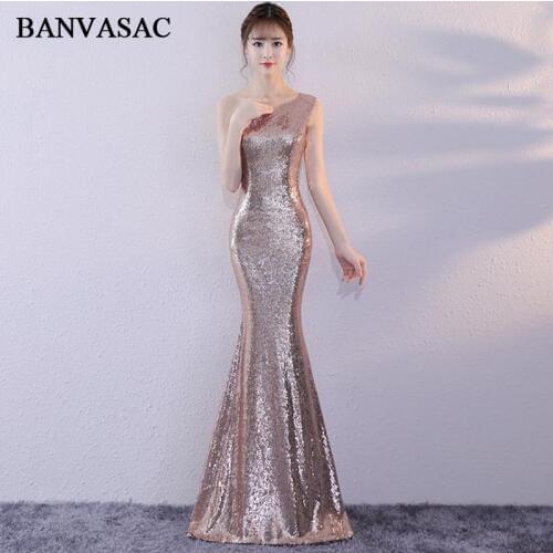 BANVASAC 2018 Elegant One Shoulder Sequined Mermaid Long Evening Dresses Party Sleeveless Zipper Back Prom Gowns