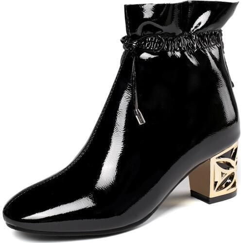 Yellow Gold Metal Hollow Shaped Patent Leather Ankle Boots Thick With Boots White Bowknot With Winter Wild Womens Boots
