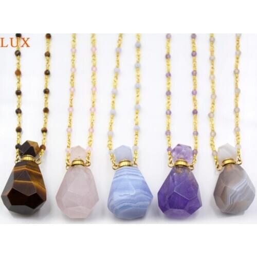 Gems Perfume Bottle Natural Multi-Kind Stone diffuser with White crystal Quartz Amazonite Amethysts Bead Chains Necklace