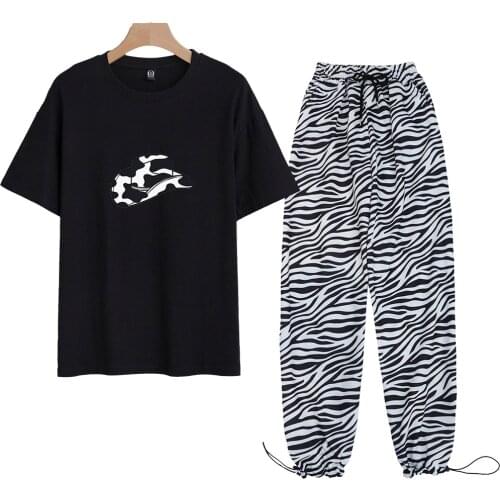 Dairy Cow Hat T Shirt Harajuku Aesthetic Cotton Striped Pant All-match Girl High Waist Joggers Vintage Two-piece Suits Ulzzang