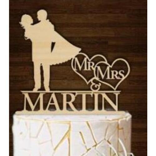 Custom Wood Wedding Cake Topper Silhouette Couple Mr & Mrs personalize last Name party decorations