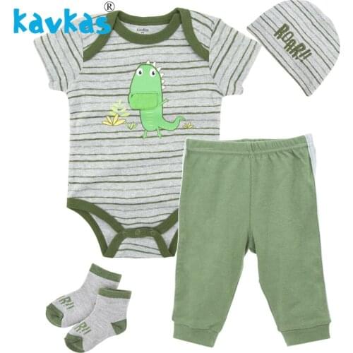 Kavkas Newborn Baby Boy Clothes Set Green Dinosaur Romper + Hat + Pants + Shoes 4pcs Clothing Suit