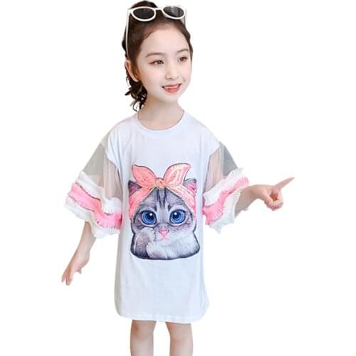 Teens Kids Dresses for Girls Cartoon Cat Printed Dress Puff Sleeve Baby Children Summer Clothes 6 8 10 11 14