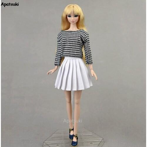 Fashion Doll Clothes for Barbie Outfits Houndstooth Shirt Blouse Top White Pleated Skirts Suit for 1/6 BJD Dolls Accessories Toy