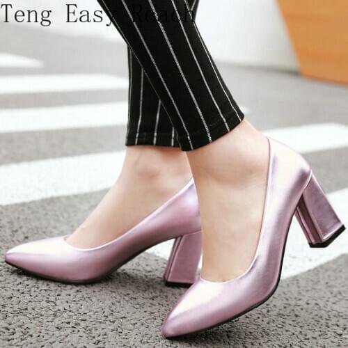 Fashion Slip On Lazy Shoes Square Heel Pumps Women Pointed Toe Shallow High Heels Party Spring Summer Shoes Woman White Red