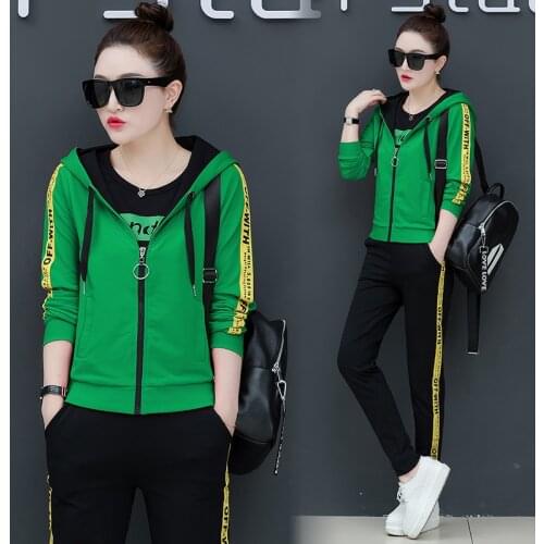Fashion Student Running Sweater Plus Size Three Piece Suit Autumn New Loose Korean Sports Sets Women Green Orange Red Black